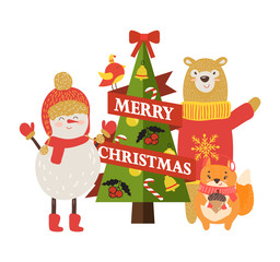 Merry Christmas Postcard with Cartoon Characters