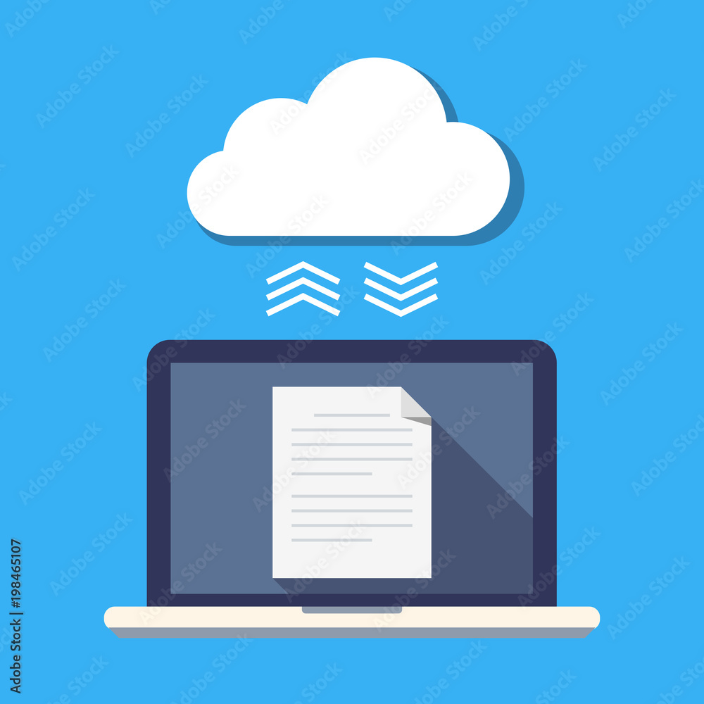 Poster laptop and cloud storage. the concept of file synchronization. secure storage of documents. flat vec