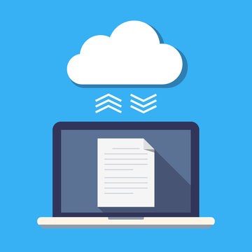 Laptop and cloud storage. The concept of file synchronization. Secure storage of documents. Flat vector illustration isolated.