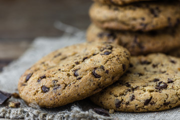 Freshly Baked Chocolate Cookies on a Burlap. Sweet Biscuits. Homemade pastry.