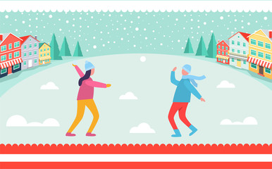 People Playing Snowballs Vector Illustration