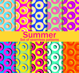 Summer seamless patterns with circles and bright colors. A collection of ten backgrounds. Vector illustration