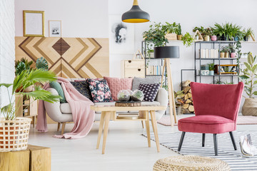 Red cozy living room interior
