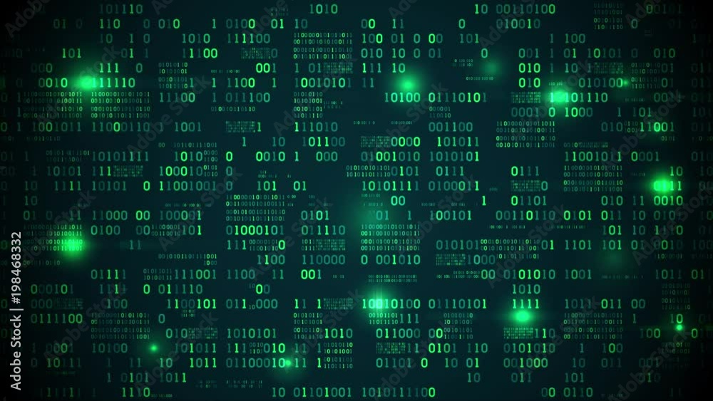Poster Abstract futuristic electronic circuit board with binary code, neural network and big data - an element of artificial intelligence, matrix background with digits, seamless loop