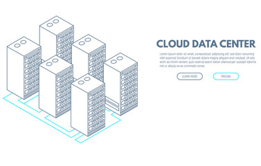 Obraz premium Data center banner. Servers isometric vector line illustration. Cloud hosting concept. Internet technology database.