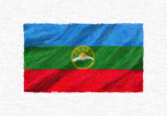 Fototapeta premium Karachay Cherkessia hand painted waving national flag, oil paint isolated on white canvas, 3D illustration.