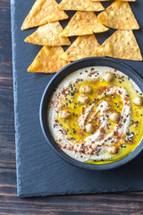 Bowl of hummus with tortilla chips