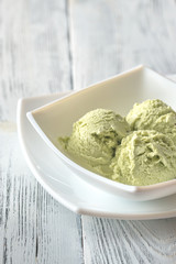 Pistachio ice cream in the bowl