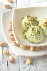Pistachio ice cream in the bowl