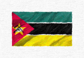 Fototapeta premium Mozambique hand painted waving national flag, oil paint isolated on white canvas, 3D illustration.