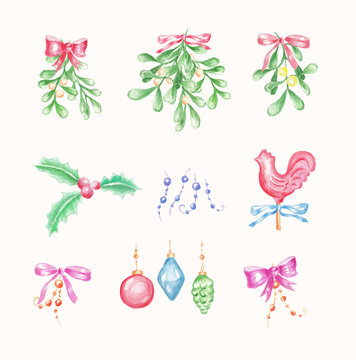 Watercolor set of Christmas decoration