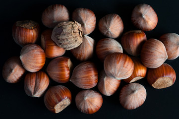 Hazelnuts. Stack of fresh organic hazelnuts from above. Food background. Hazelnut background. top view