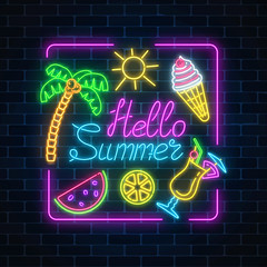 Neon summer poster with lettering and summer things in rectangle frame on dark brick wall background.