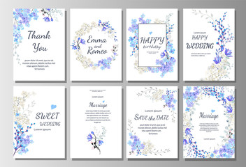 Set of card with blue wild flowers, leaves. Wedding ornament concept. Floral poster, invite. Vector decorative greeting card or invitation design background