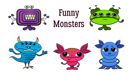 Set of Funny Colorful Cartoon Characters, Different Monsters, Elements for your Design, Prints and Banners, Isolated on White Background. Vector