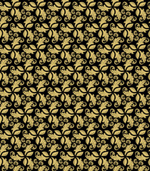 Floral vector black and golden ornament. Seamless abstract classic background with flowers. Pattern with repeating floral elements