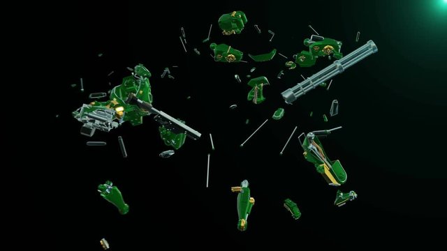 Military Robot with gun assembling from scattered parts, Cyber Mech rotating on black background, 3D rendering
