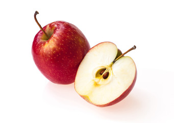 juice whole apple and half part with seeds isolated on white background