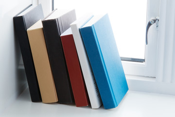 closeup books window