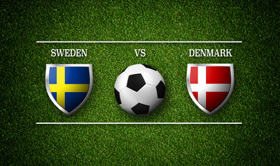 Football Match schedule, Sweden vs Denmark, flags of countries and soccer ball - 3D rendering