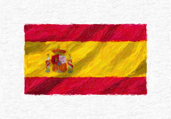 Fototapeta premium Spain hand painted waving national flag, oil paint isolated on white canvas, 3D illustration.