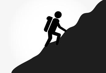 Icon of a man climbing up the mountain. Sports, entertainment, hiking.