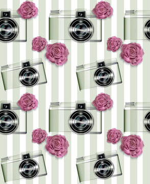 Vintage camera pattern Vector. Abstract background with roses. Detailed 3d illustrations