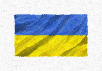 Ukraine hand painted waving national flag, oil paint isolated on white canvas, 3D illustration.