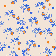Fototapeta na wymiar Seamless strawberry pattern , leaves, branches. Hand drawn.