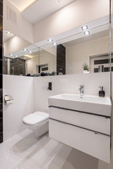 Mirrored bathroom with cabinet basin