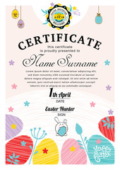 Easter white certificate with bunny, multicolored eggs