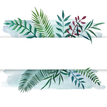 Hand drawn watercolor illustration of differents plants with colorful blot. Decorative graphic frame for wedding branding, invitations, greeting card. Isolated on white background. Place for text. © Evorona