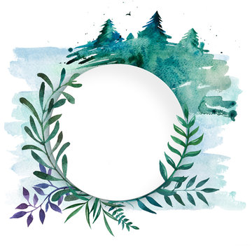 Hand drawn watercolor illustration of differents herbs with colorful blot in shape of coniferous forest. Decorative graphic frame plate for wedding branding, invitations, greeting card. Isolated on wh