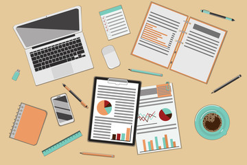 Desk with laptop phone, records and coffee. View from above.