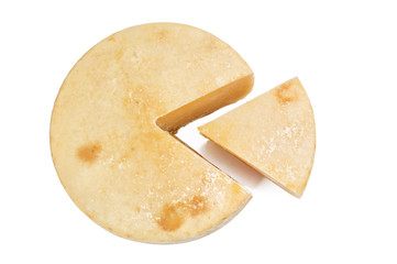 round cheese pecorino (parmesan) on white