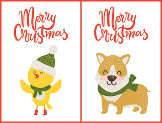 Merry Christmas Bird and Dog Vector Illustration