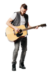 Hipster guitar player man isolated on white