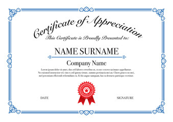 Blue Border Certificate of Appreciation for Excellence Performance