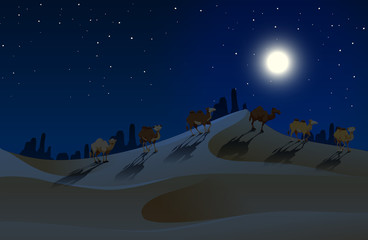 Fototapeta na wymiar Camels walking across desert at night