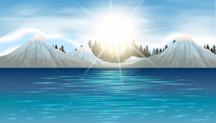 Nature scene with snow mountains and lake