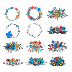 Romantic floral wreaths and arrangements.