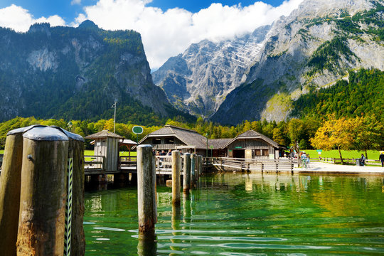 St. Bartholomew pier on Konigssee, known as Germany's deepest and cleanest lake, located in the extreme southeast Berchtesgadener Land district of Bavaria.