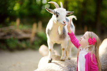 Cute little girl petting and feeding a goat at petting zoo. Child playing with a farm animal on sunny summer day.