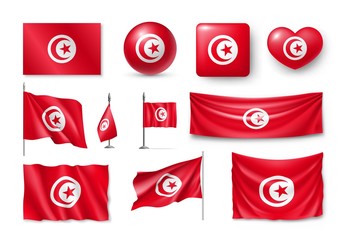 Set Tunisia flags, banners, banners, symbols, flat icon. Vector illustration of collection of national symbols on various objects and state signs