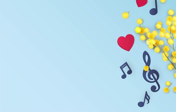 Music notes and mimosa branch on blue background. Top view. Vector illustration