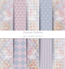 Damask patterns set collection Vector. Baroque ornament on modern abstract background. Vintage decor. Trendy color fabric textures
