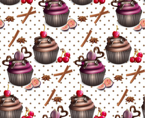 Chocolate cupcakes pattern Vector. Retro vintage backgrounds