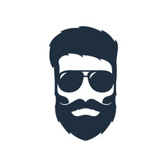 Illustration of a hipster head with a beard, mustache and sunglasses.