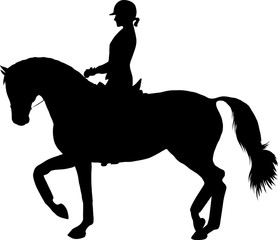 A silhouette of a rider on a horse execute the piaffe.