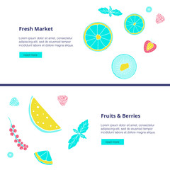 Vector banner with fruits, berries and text.
